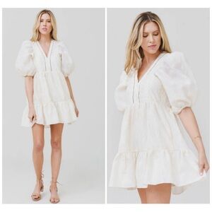 Hunter Bell Gaille Mini Dress Jacquard Ivory Flowers size XS Puff Sleeve Bridal